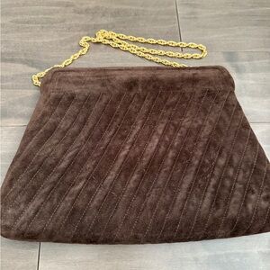 1960 1970 Vintage Brown Suede Pleated Fabric Clutch Handbag Gold Chain Purse